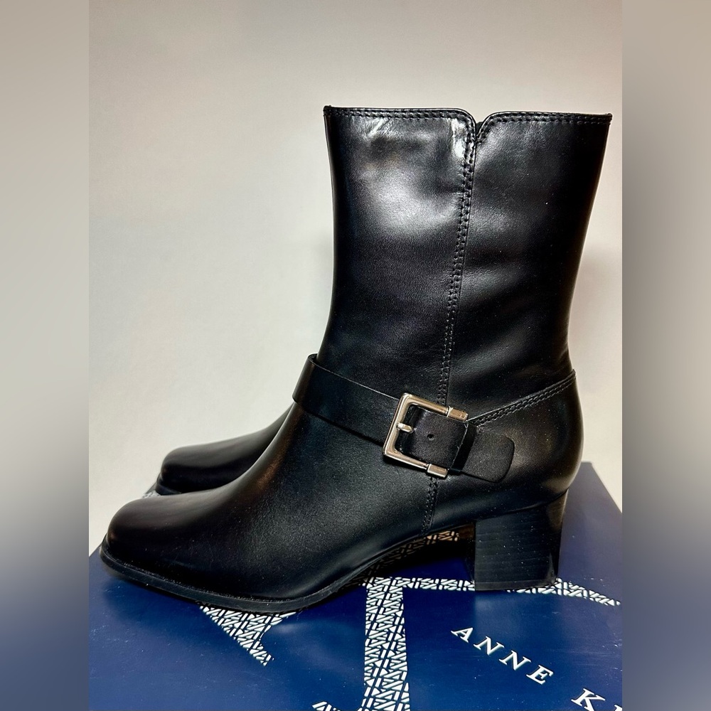Nib Vintage Anne Klein Akforever Black Leather Heeled Buckle Ankle Boot Sz 7 1/2
